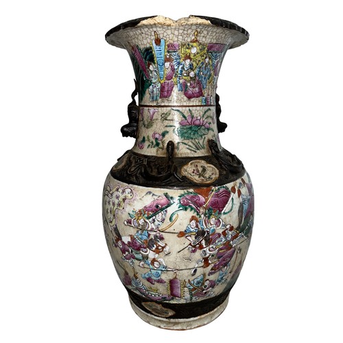 302 - Chinese famille rose Nanking crackle glaze vase, decorated with warrior scene and bronze decorated b... 