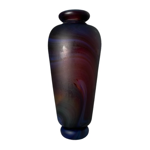 127 - Small studio glassware vase, purple / blue tones with swirling pattern. Unsigned. Height 20cm.