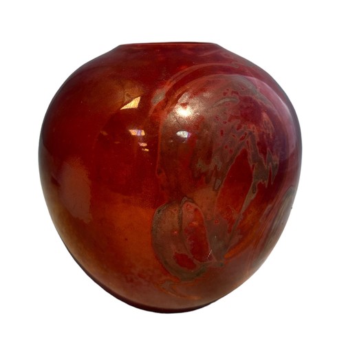 363 - A red Lustre ware hand painted vase, with hanging fruit decoration marked directly into the glaze. S... 