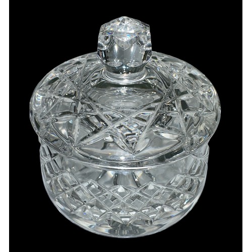 396 - Galway Crystal trinket pot with lid, diameter 9.5cm, height with lid 9cm.