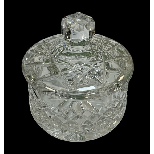 396 - Galway Crystal trinket pot with lid, diameter 9.5cm, height with lid 9cm.