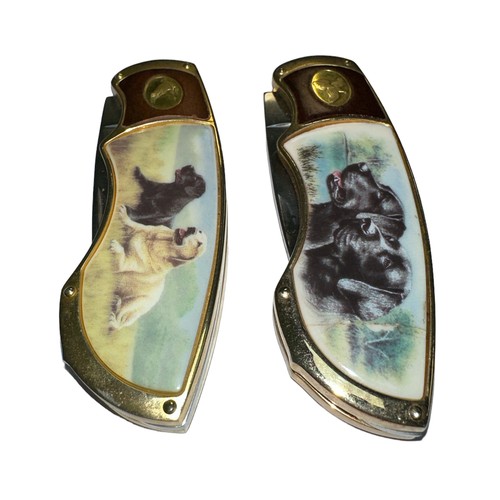 348 - Franklin Mint, a pair of Franklin Mint collectable knives with working dog scenes, pair of black Lab... 