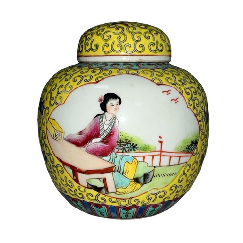 299 - Chinese Jingdezhen yellow pot with lid, painted with female and male design to opposing sides, flora... 