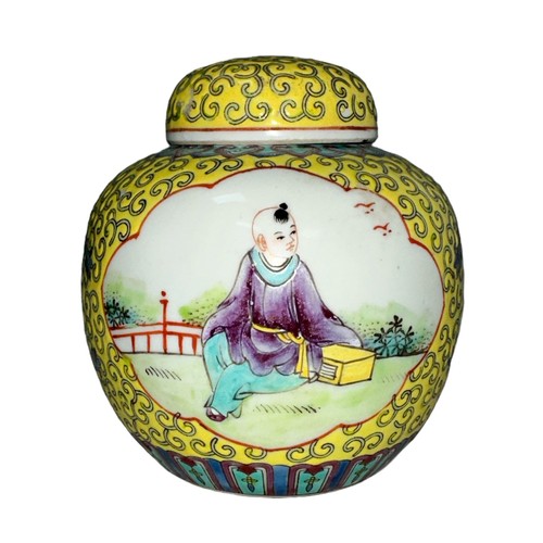 299 - Chinese Jingdezhen yellow pot with lid, painted with female and male design to opposing sides, flora... 