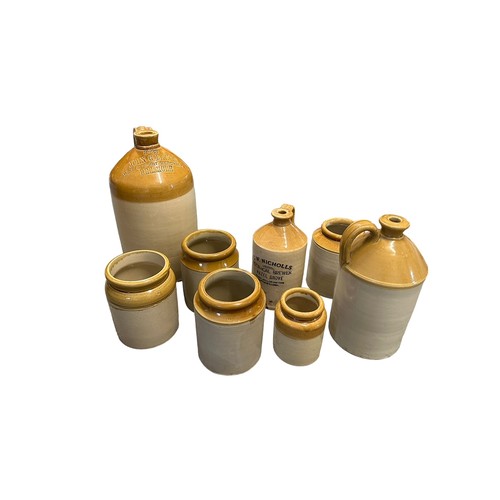 359 - Three stoneware flagons with five stoneware pots, to include 2 gallon 