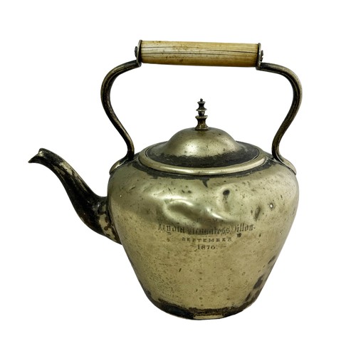 60 - Interesting Victorian metal Kettle stamped M & W in a diamond shape to bottom, numbered W8013. Engra... 