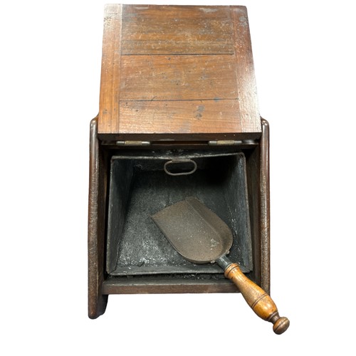 408 - A wooden slope fronted coal box with metal lining and scuttle.