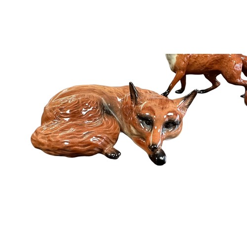 13 - Beswick, a group of three Fox figurines, to include; larger prowling fox (length 22.5cm) and two cur... 