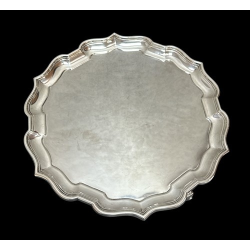 181 - Sterling silver salver with scroll legs and pie crust rim;  by Richard Woodman Burbridge for Harrods... 