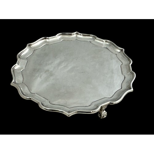 181 - Sterling silver salver with scroll legs and pie crust rim;  by Richard Woodman Burbridge for Harrods... 