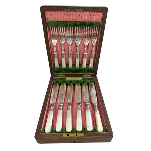 208 - A cased set of 6 fish knives and forks with silver collars and mother of pearl handles. Made by J.A.... 