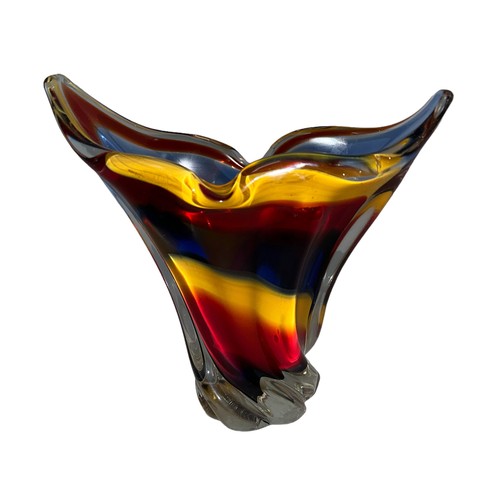 129 - Iwatsu Hineri Glassworks, sculpted Apricot, Scarlet and Violet striped vase. Japan, 1960’s/70’s. Hei... 