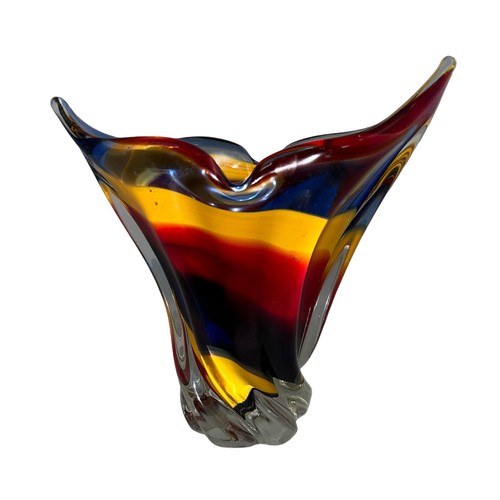 129 - Iwatsu Hineri Glassworks, sculpted Apricot, Scarlet and Violet striped vase. Japan, 1960’s/70’s. Hei... 