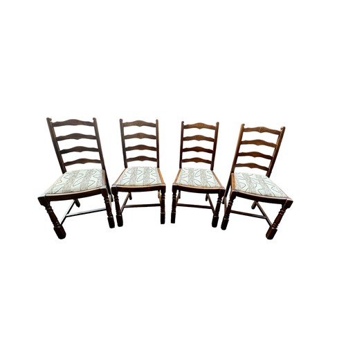 456 - Ladder back chairs, set of four, generally good plus, with drop out patterned beige fabric cushions ... 