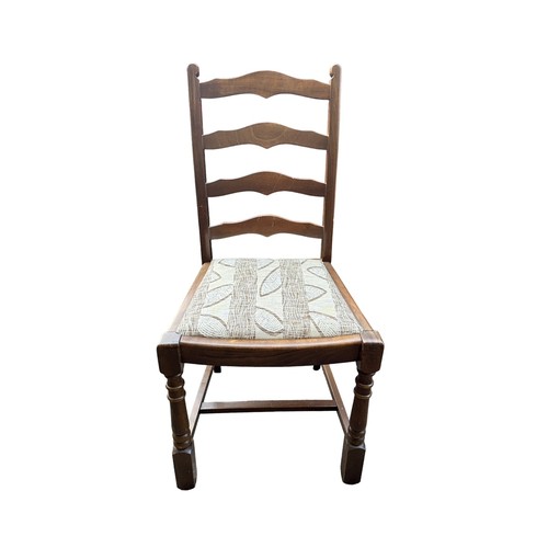 456 - Ladder back chairs, set of four, generally good plus, with drop out patterned beige fabric cushions ... 