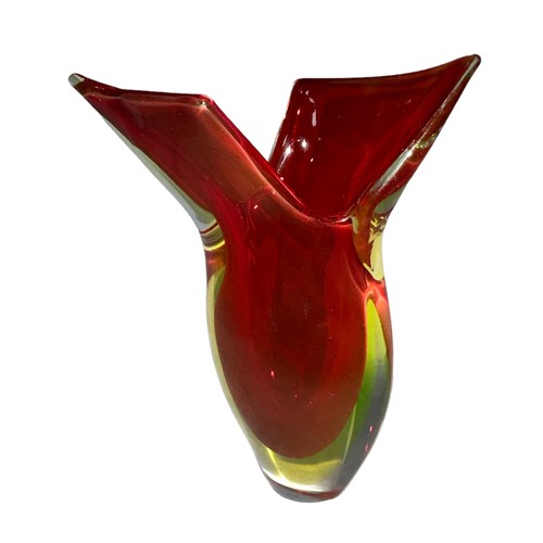 41 - Murano Glass, a Murano Sommerso glass vase, possibly Flavio Poli, winged neck form, in red and green... 