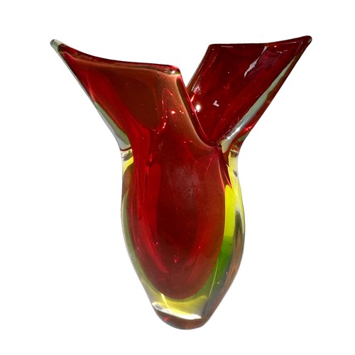 41 - Murano Glass, a Murano Sommerso glass vase, possibly Flavio Poli, winged neck form, in red and green... 