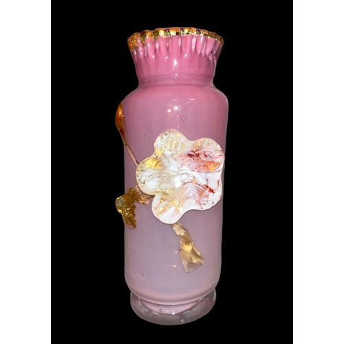 414 - Stevens & Williams, late 19th Century Stevens & Williams pink cylindrical glass vase with applied Ma... 