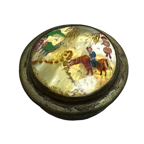 332 - 19th Century Persian round pill box, the lid inset with a mother-of-pearl panel decorated with figur... 