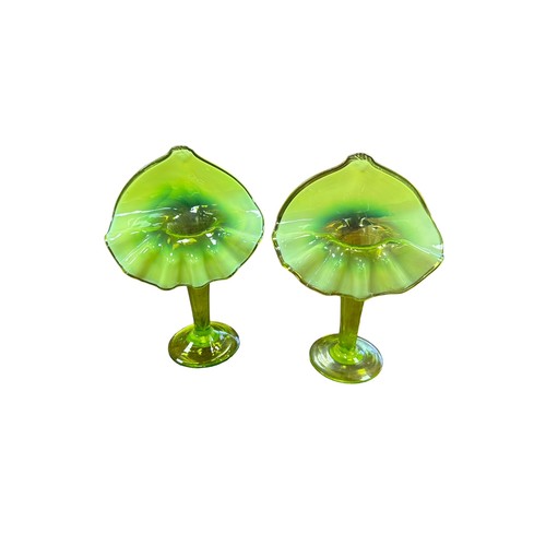 316 - Pair of 19th Century Uranium Vaseline glass Jack-In-The-Pulpit vases. 19cm tall. (2)