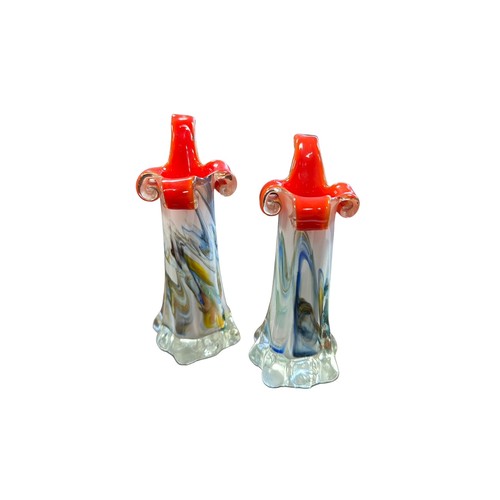 39 - Murano Glass, a pair of Murano Glass candleholders, floral style design with marbled pattern. Height... 