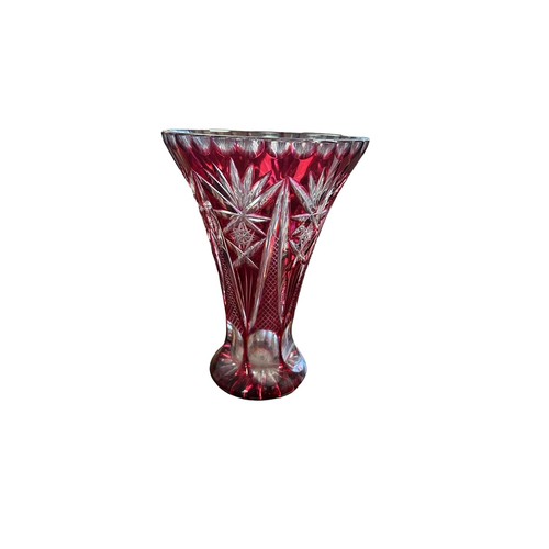 313 - A large Ruby overlay cut crystal glass vase, waisted form. Height 21cm.