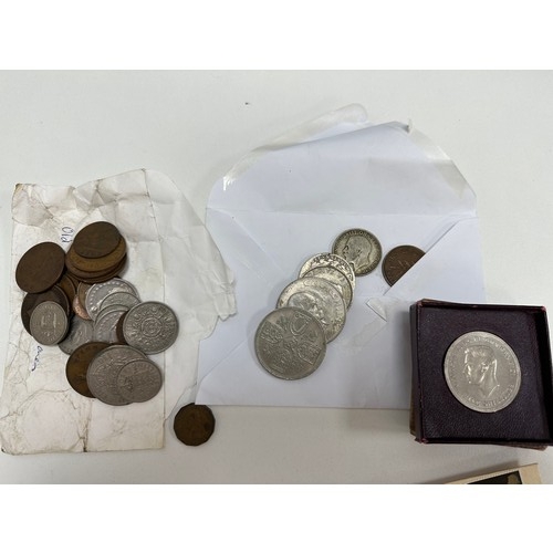 52 - A selection of items. Contains some coins including a boxed 1951 Festival of Britain coin, stamps, E... 