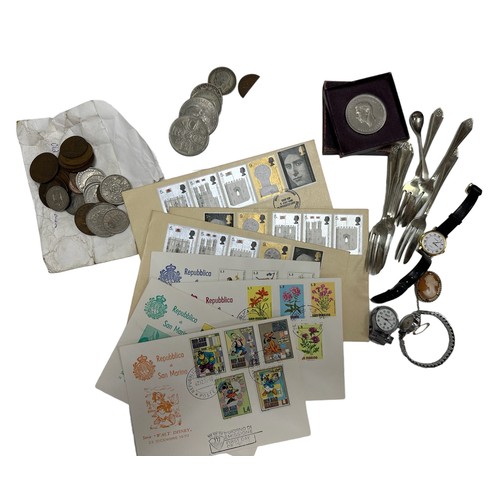 52 - A selection of items. Contains some coins including a boxed 1951 Festival of Britain coin, stamps, E... 