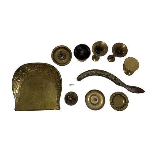 119 - Range of brass ornaments / trench art with candlestick holders (2), ashtray, cap, vases (2), brush e... 