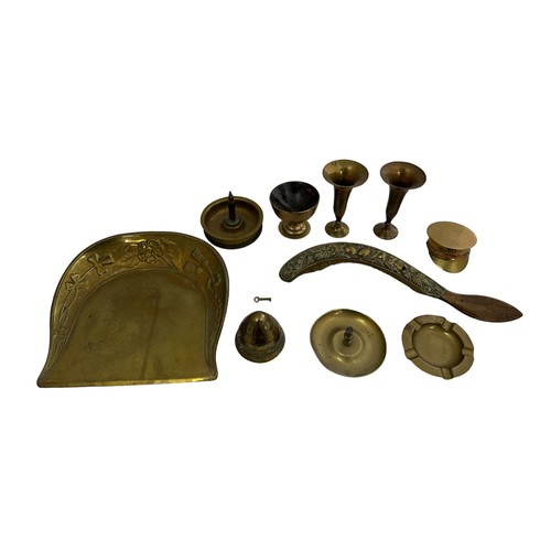 119 - Range of brass ornaments / trench art with candlestick holders (2), ashtray, cap, vases (2), brush e... 