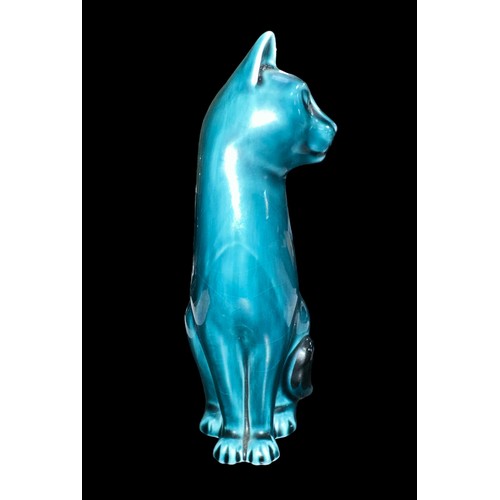 44 - Poole Pottery, a blue Poole Pottery Cat figurine, stamped to base 'Poole Pottery'. Height 16.5cm.