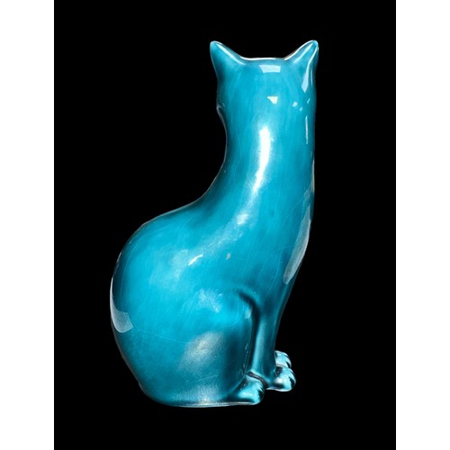 44 - Poole Pottery, a blue Poole Pottery Cat figurine, stamped to base 'Poole Pottery'. Height 16.5cm.