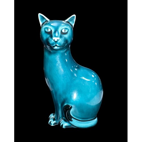 44 - Poole Pottery, a blue Poole Pottery Cat figurine, stamped to base 'Poole Pottery'. Height 16.5cm.