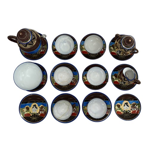 118 - Attractive Japanese / Oriental painted tea service with tea pot, 5 x cups, 5 x saucers, 6 x small pl... 