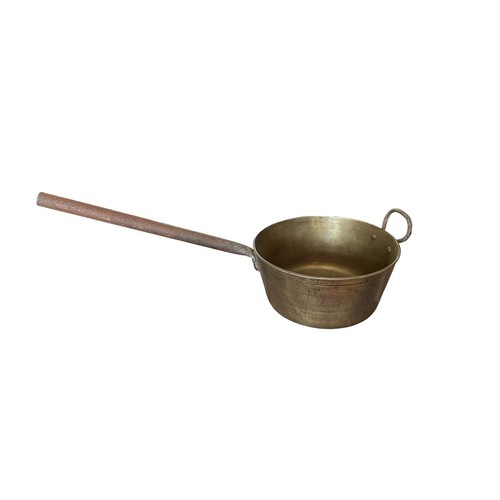 286A - Four brass/copper pans, various sizes, one with long handle.