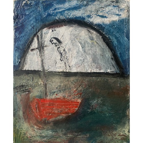 309 - Iwan Bala (Welsh, 1967), oil on canvas, man watching a red boat from the shore. Unsigned. Provenance... 