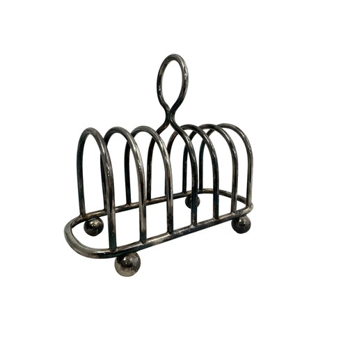 208A - Walker & Hall, Silver plated seven bar toast rack by Walker & Hall, central ring handle and bun feet... 