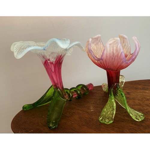 413 - Kralik, pair of Kralik Floriform Opalescent Art Nouveau glass mantel vases in the shape of lilies. C... 