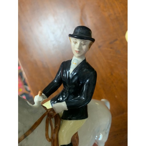 4 - Beswick ‘Hunstwoman’ figure, black jacketed huntswoman on grey horse figure. Stamped Beswick to ches... 