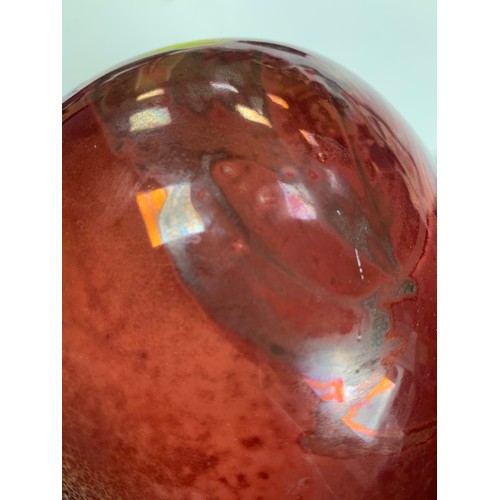 363 - A red Lustre ware hand painted vase, with hanging fruit decoration marked directly into the glaze. S... 