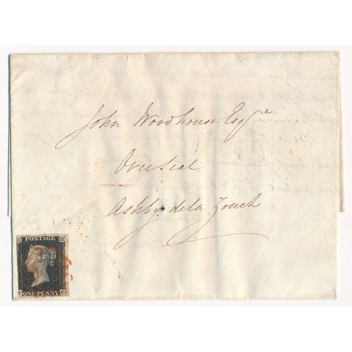 87 - 1840 (August) 1d Black cover, Stone, Staffordshire to Ashby De La Zouch, three margins with stamp le... 