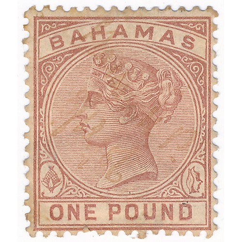 26 - Bahamas – 1884-1890 £1 Venetian Red used (fiscally), (SG 57) Cat. £225. (faults) toned gum on revers... 