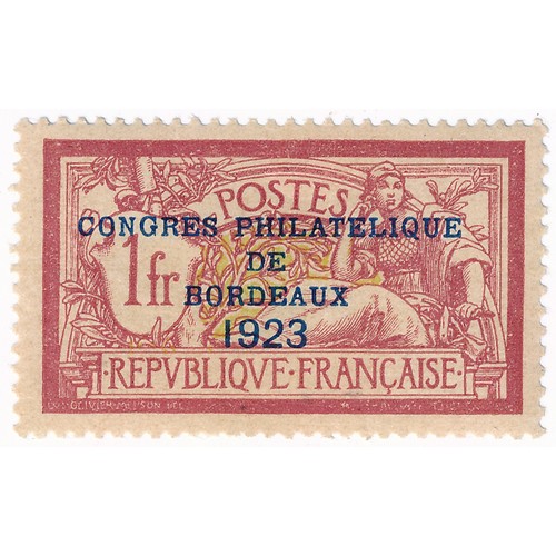 40 - France – 1923 Bordeaux Philatelic Congress 1f. Lake and Yellow-Green MH/* (SG 400e), Cat. £650.