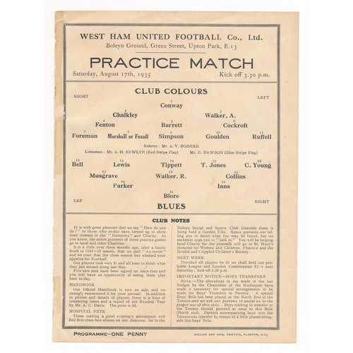 169 - West Ham United Practice Match – 1935 single sheet programme for the Practice Match Saturday August ... 