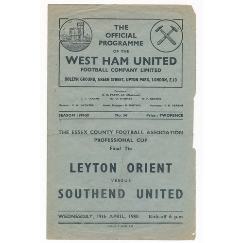 173 - At West Ham – Leyton Orient versus Southend United, four page match programme for The Essex County F... 