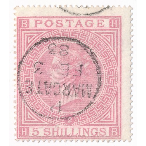 91 - Great Britain – 1867 5/ Rose Plate 2 Fine Used with ‘Margate’ 3rd Feb 1883 C.D.S. postmark. (SG 127)... 