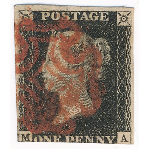 84 - Great Britain – 1840 1d Black, MA letters, Used with red Maltese Cross cancellation, three clear mar... 