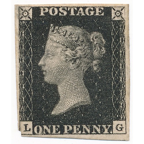 86 - Great Britain – 1840 1d Black, LG letters, unused “four margin” (clipped corner). In Harrington & By... 