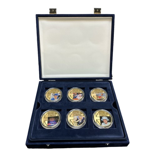 205 - 2012 Diamond Jubilee set of 6 gold plated pictorial commemorative medals, in plush blue Westminster ... 