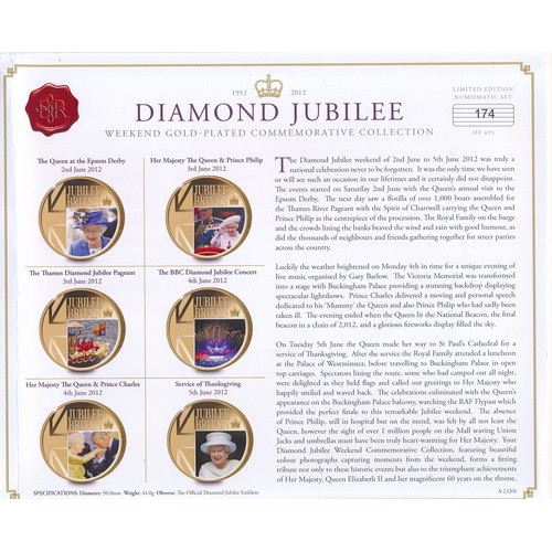 205 - 2012 Diamond Jubilee set of 6 gold plated pictorial commemorative medals, in plush blue Westminster ... 